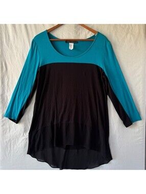 Coco Bianco Top M Teal Black Colorblock Chiffon Hem Tunic M USA